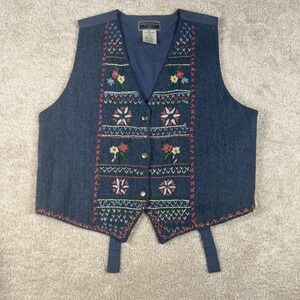 Erika Classics Womens Blue Wool Blend Floral Embroidered Vest Size M Cottagecore